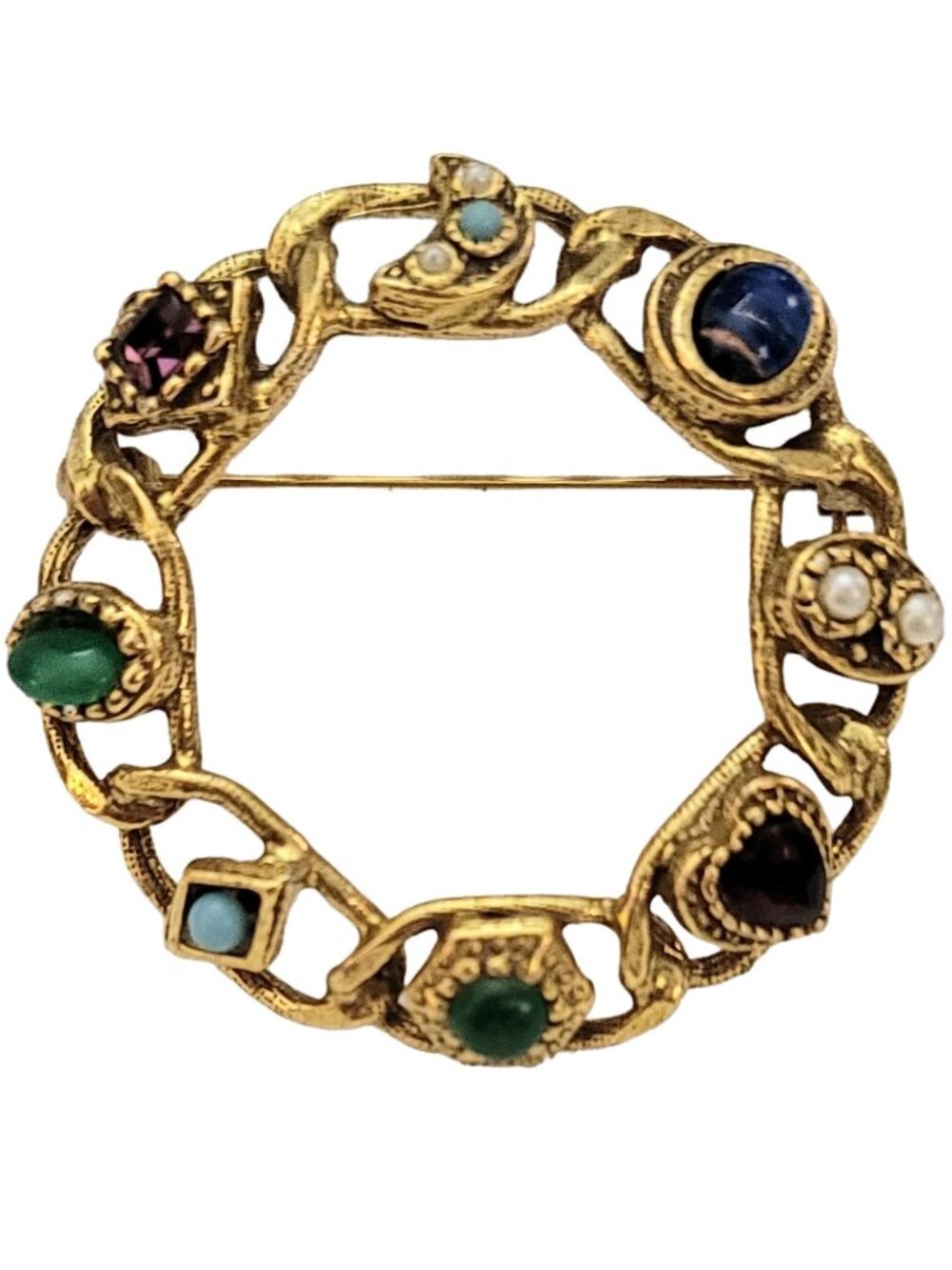 Goldette, Chain Link Rhinestone Faux Pearl Victorian Stye Round Brooch K756
